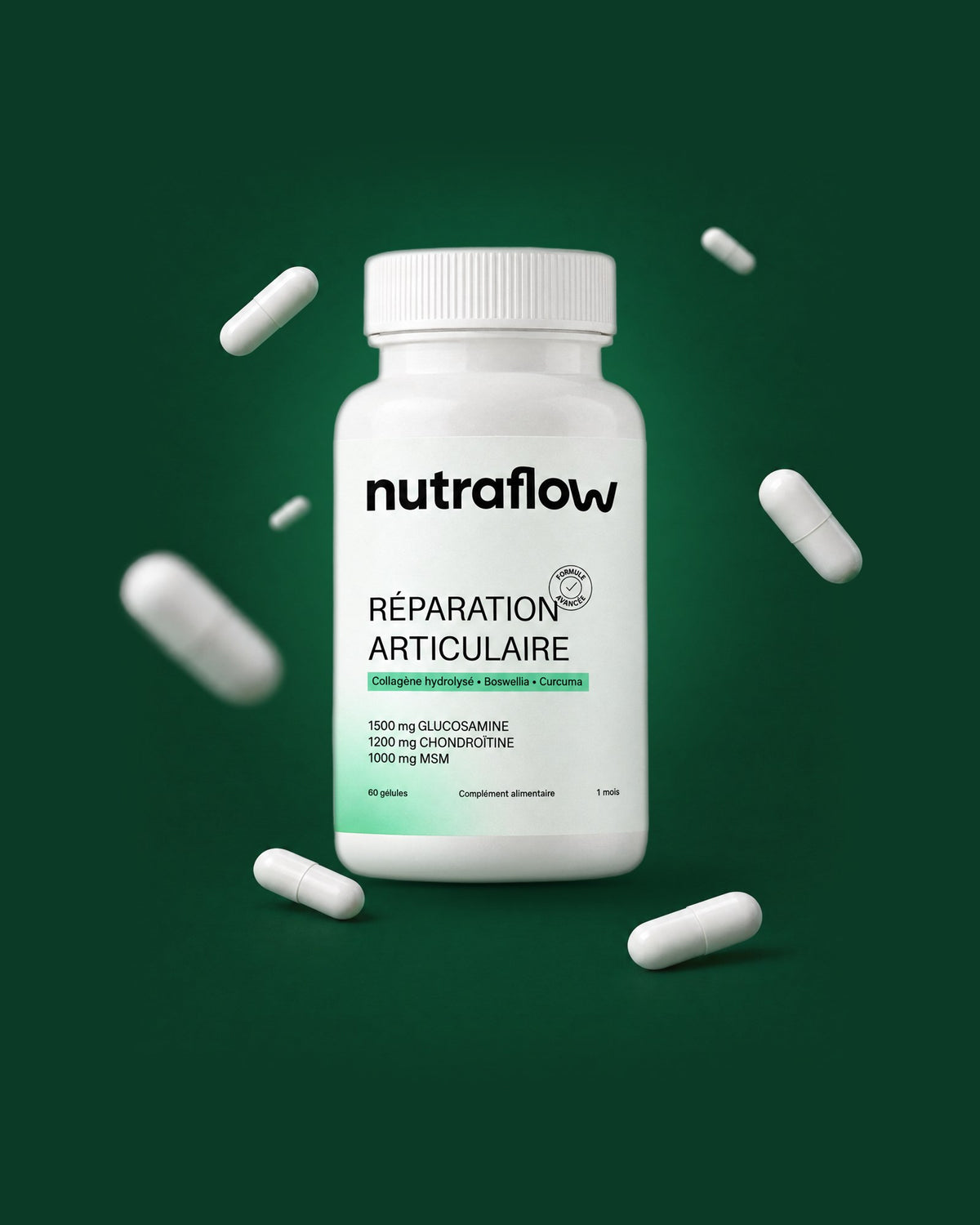 Flacon Nutraflow Réparation Articulaire entouré de gélules