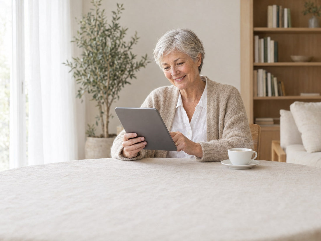 Femme souriante qui écrit un message sur sa tablette, une tasse de thé à côté