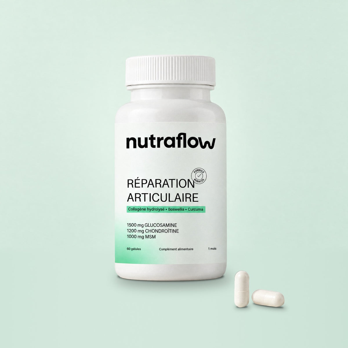 Flacon Nutraflow Réparation Articulaire sur fond vert clair, avec deux gélules