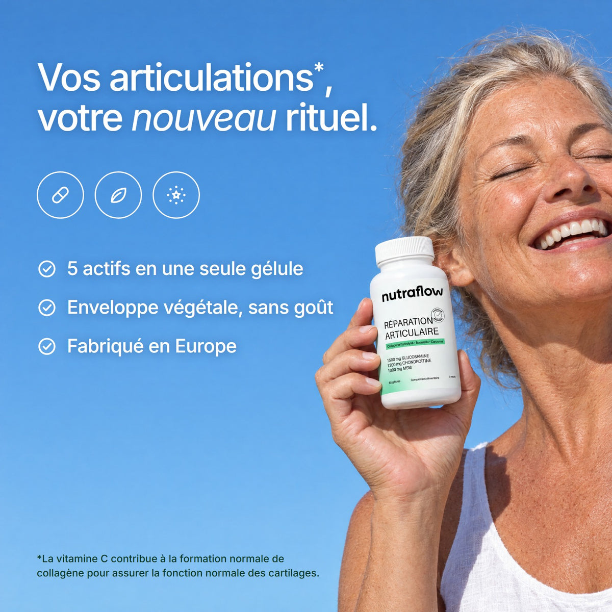 Femme souriante au soleil tenant le flacon Nutraflow : vos articulations, votre nouveau rituel
