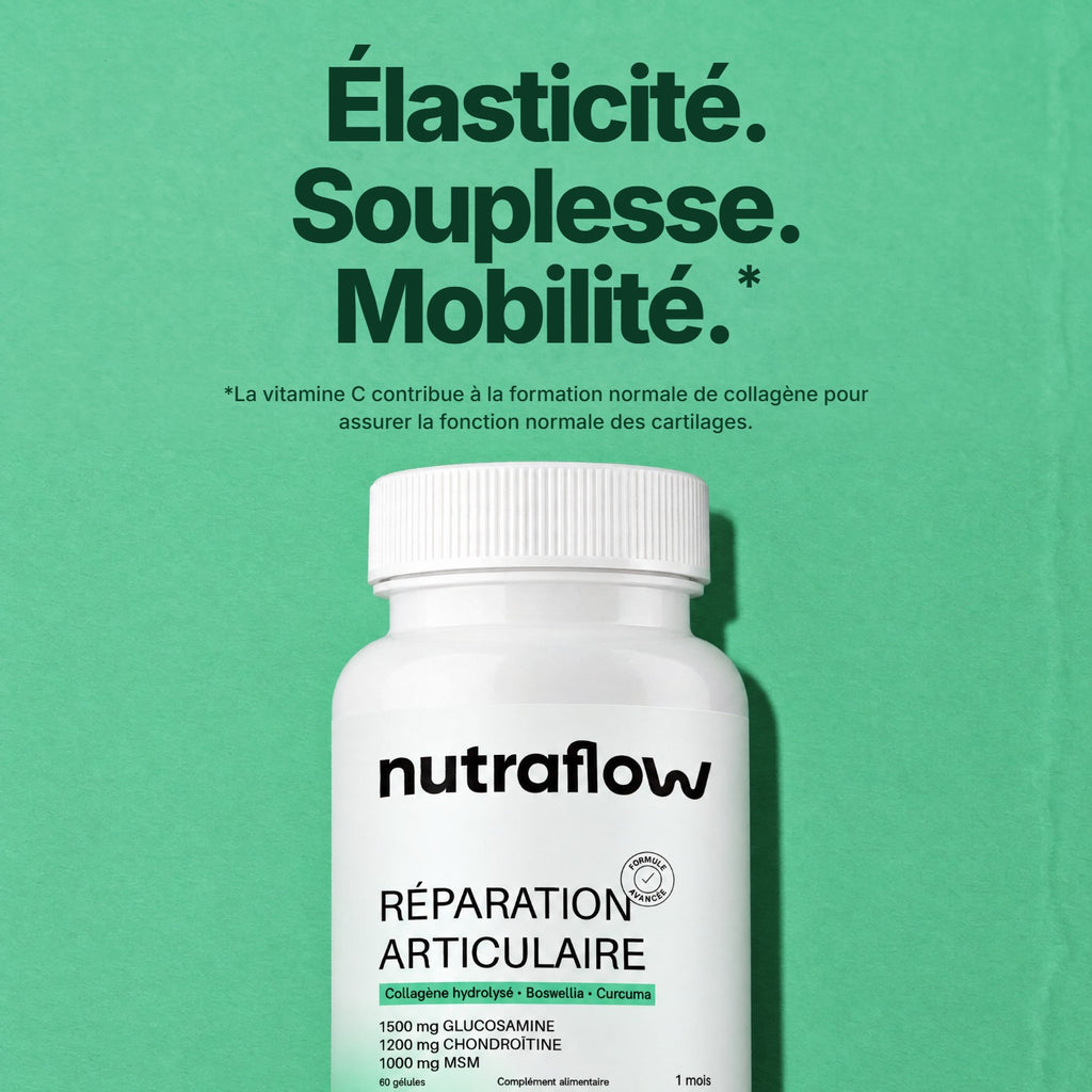 Élasticité, souplesse, mobilité : flacon Nutraflow sur fond vert