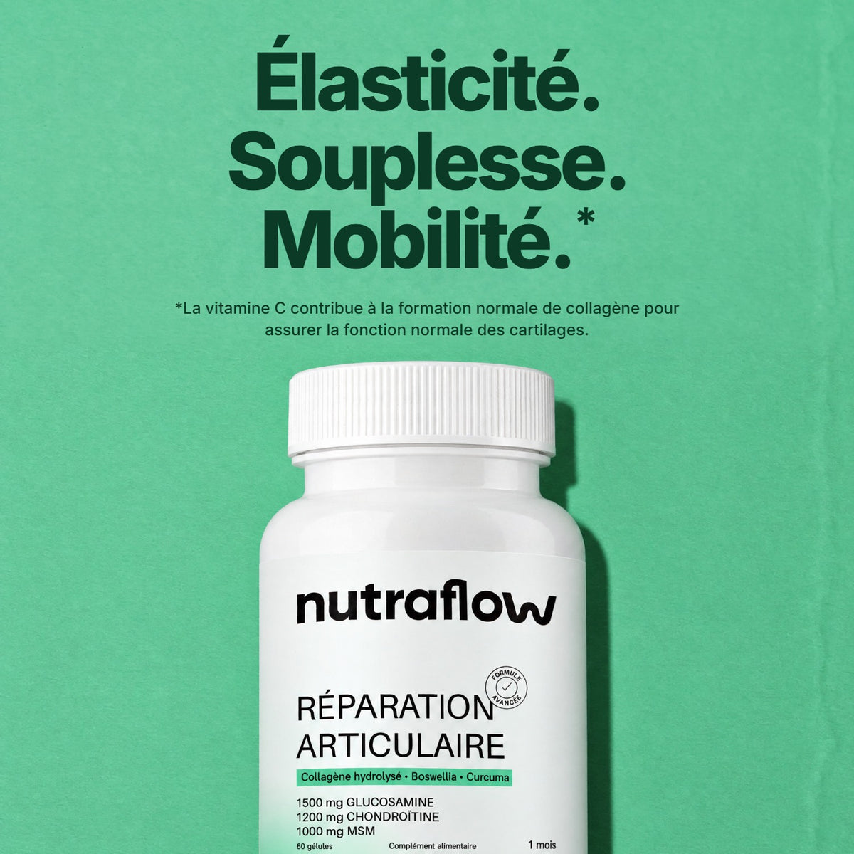 Élasticité, souplesse, mobilité : flacon Nutraflow sur fond vert