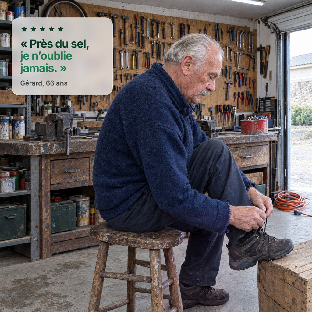 Homme laçant sa chaussure de marche dans son atelier