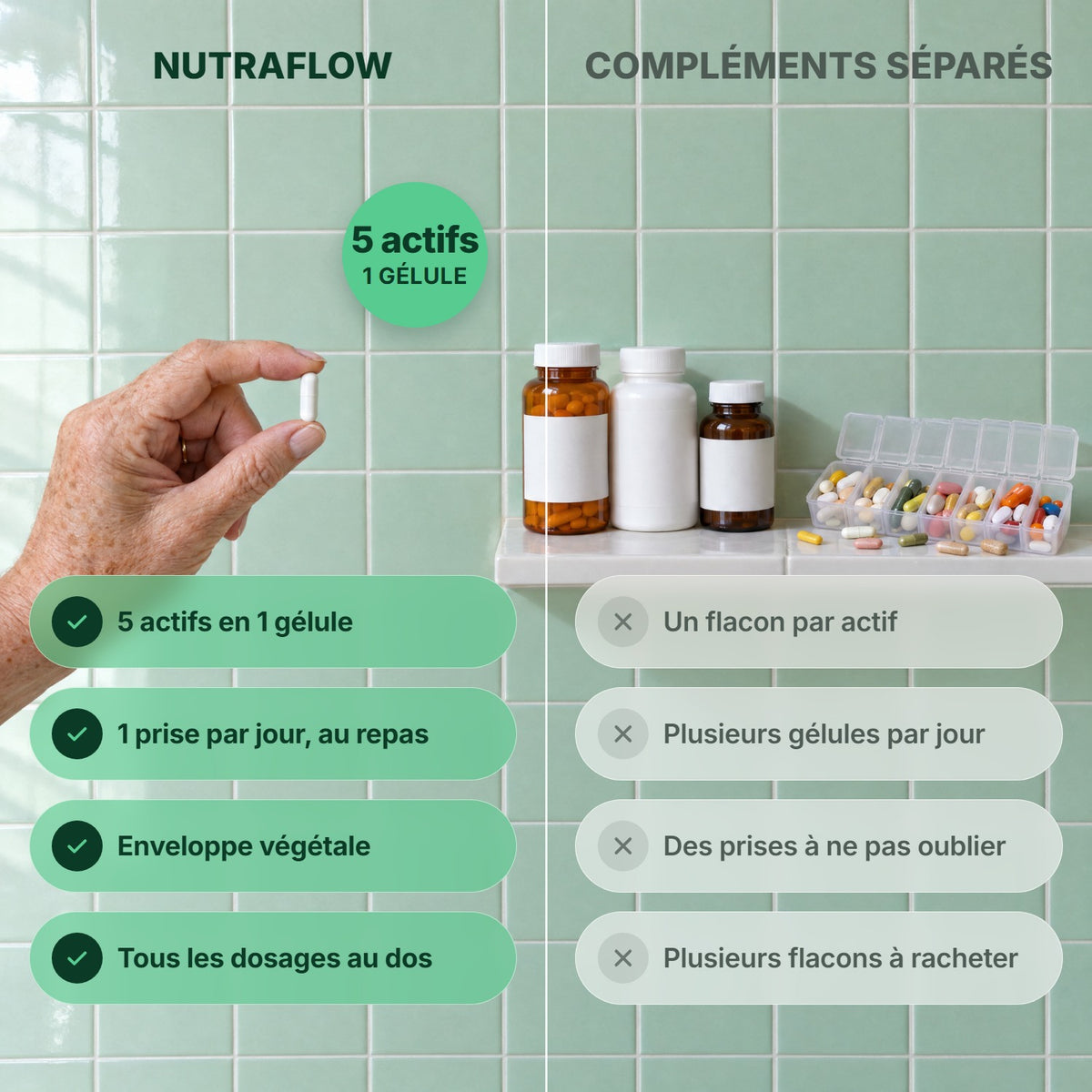 Nutraflow : 5 actifs dans une seule gélule, face à plusieurs compléments séparés