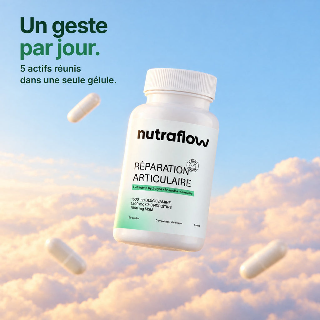 Flacon Nutraflow et gélules dans un ciel pastel : un geste par jour