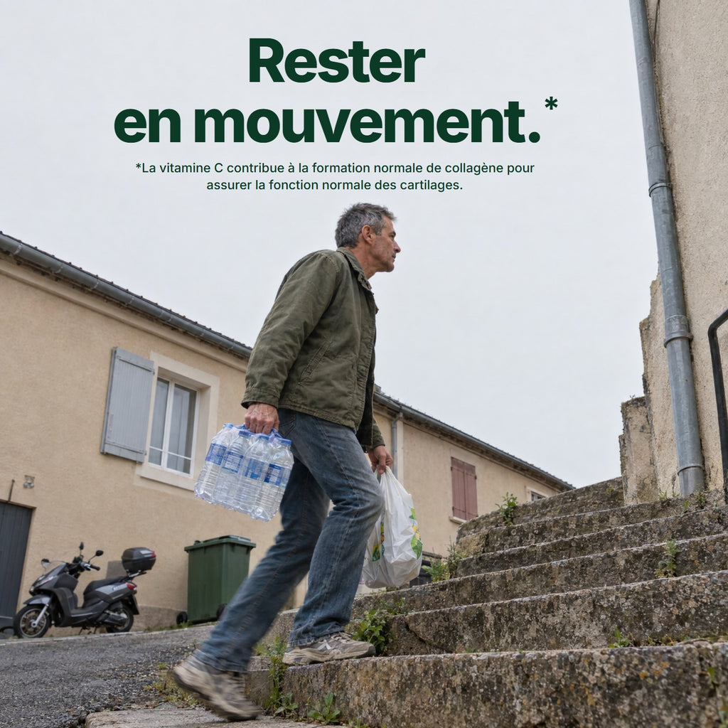 Homme montant un escalier de rue avec ses courses : rester en mouvement