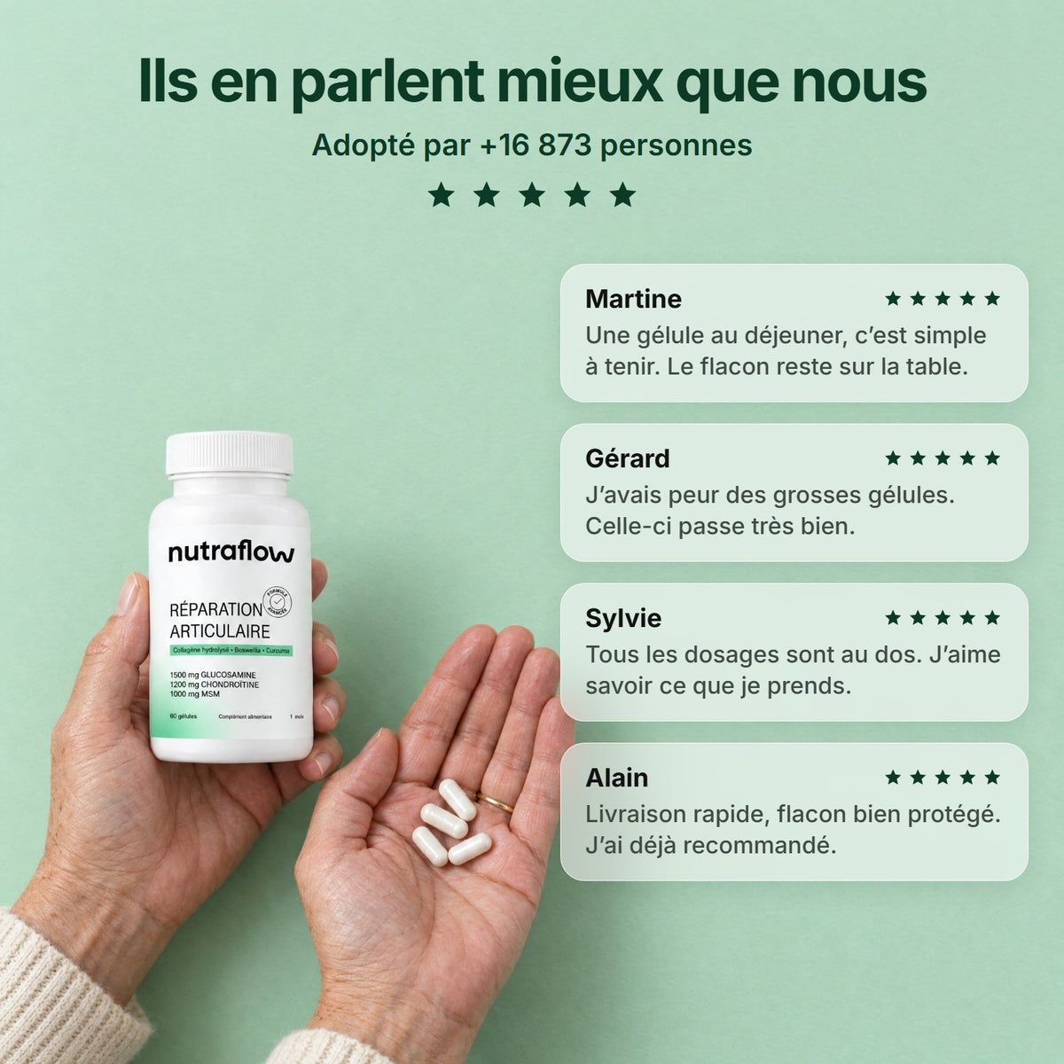 Mains tenant le flacon Nutraflow et quelques gélules