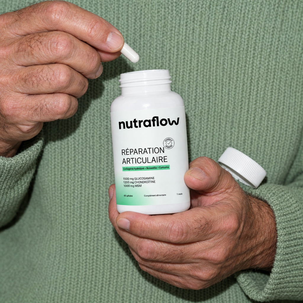 Mains ouvrant le flacon Nutraflow et prenant une gélule